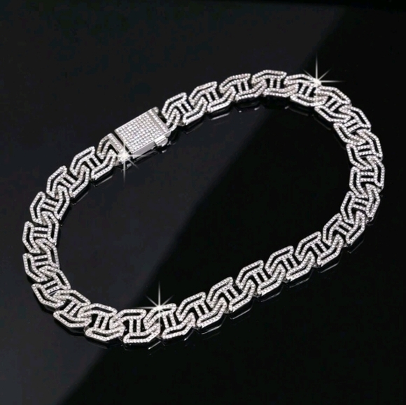 Elegant Iced Out Fully Rhinestone Figaro H-shape Silver Chain Necklace 22" - Picture 3 of 11